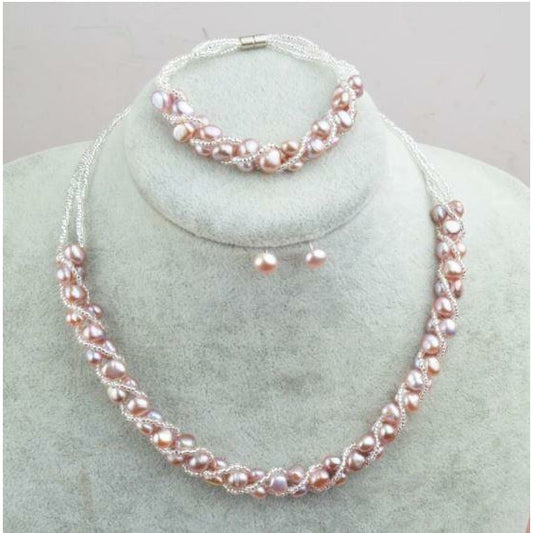 Bordo rəngli unikal mirvari dəst - boyunbağı, qolbaq, sırğa