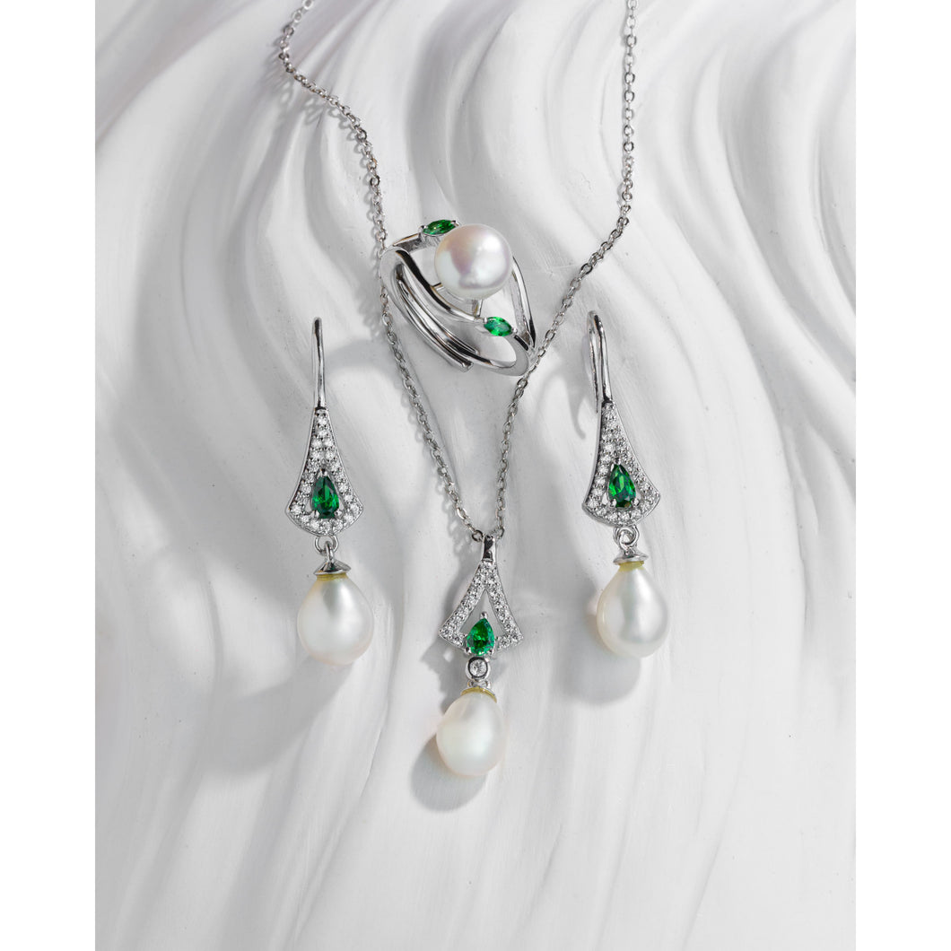 Yaşıl və ağ rəngli zirkon qaşlı italyan gümüşü premium mirvari dəst