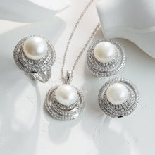 Qalereya görüntüsünə şəkil yükləyin, Pearl jewelry set with silver rings and necklace on a white background
