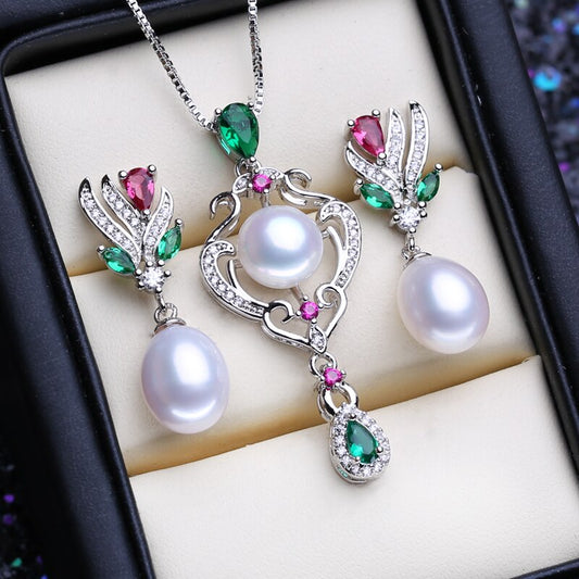 Rəngli kristal qaşlarla işlənmiş ikili mirvari dəst - klon və sırğalar