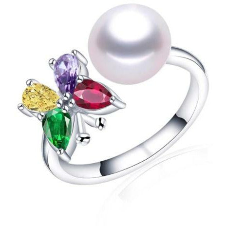 Rəngli kristallardan hazırlanmış kəpənək dizaynlı mirvari üzük