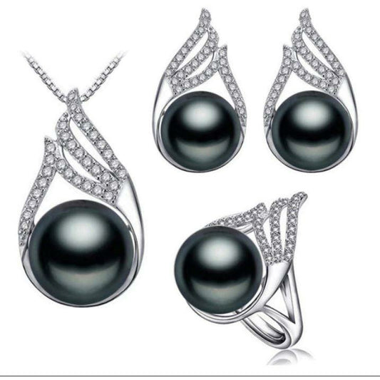 Qara mirvari ilə üçlü dəst | Sırğa, klon və üzük